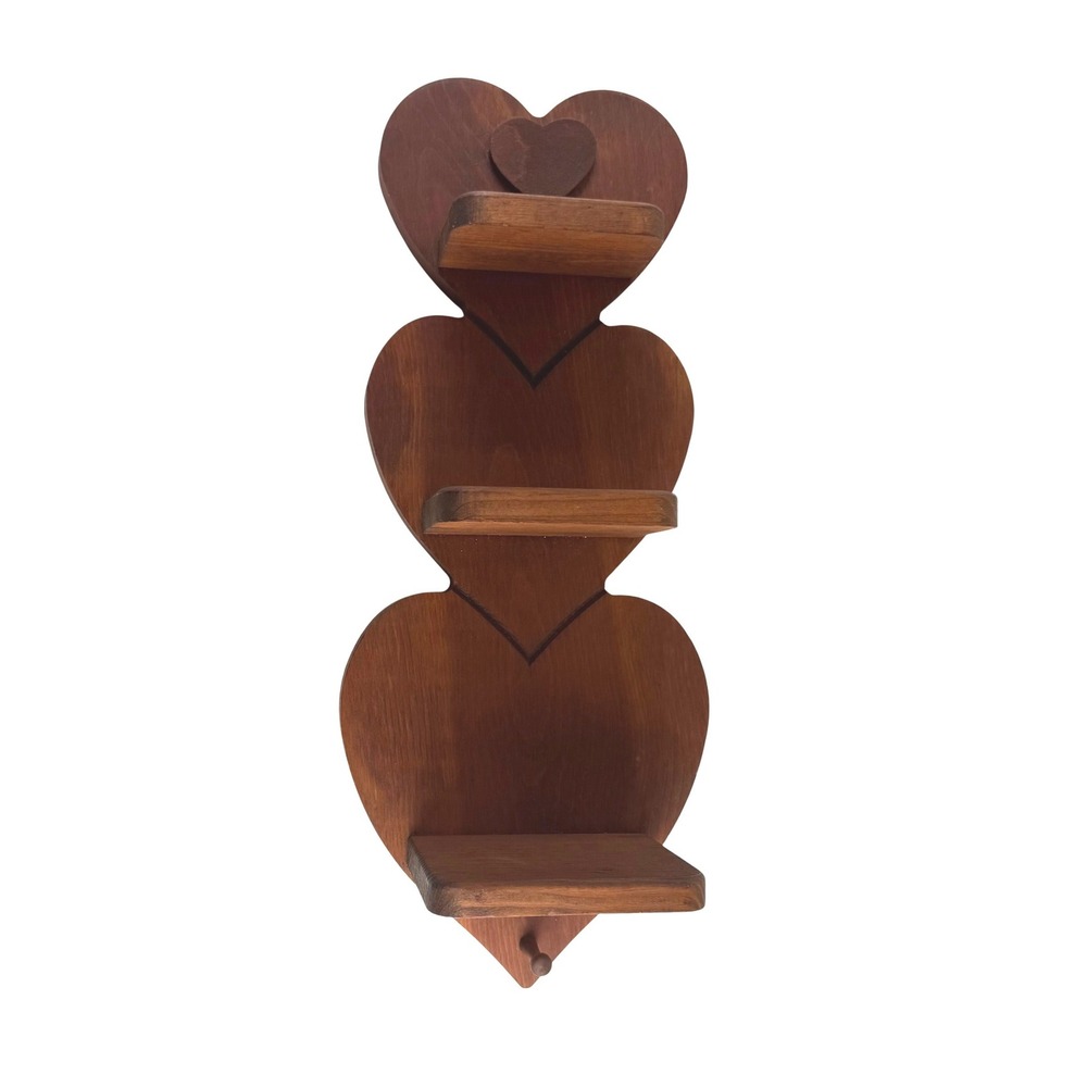 Vtg Wood 3 Tier Heart Shaped Wall Hanging Display Shelf Farmhouse Country 20.5"
